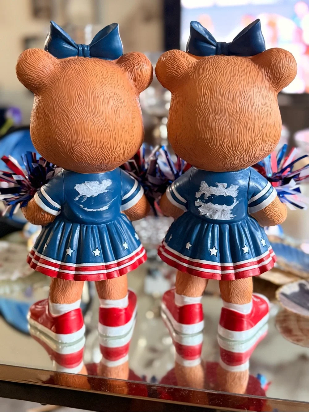 Patriotic Cheerleader Bear Figurines – Set of 2 – 12” Tall NWOT
